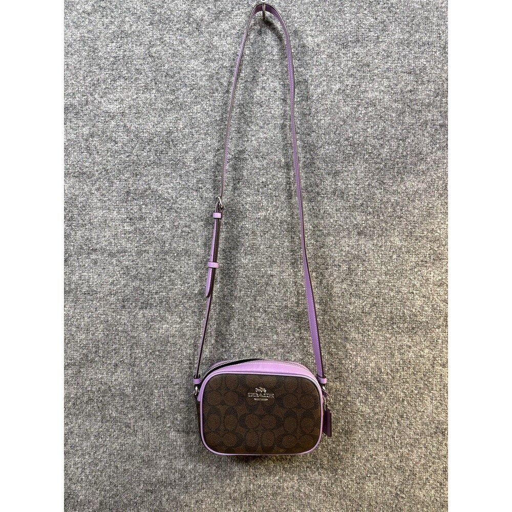 Coach Mini Jamie Camera Bag – Brown Leather, Silver Hardware + Purple Strap
